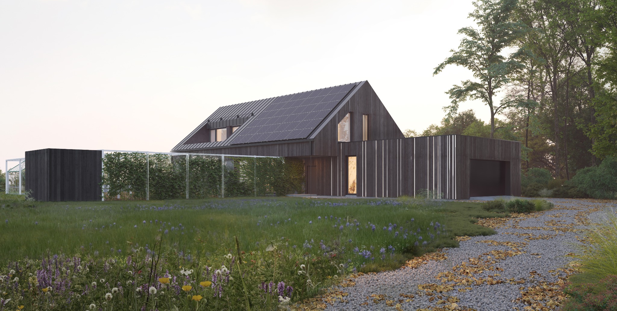 Dom pasywny w stylu nowoczesnej stodoły z ogrodem od strony wjazdu i częścią biurową na poddaszu.