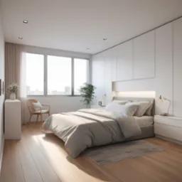 Jasne, minimalistyczne wnętrze sypialni z dużym oknem z widokiem na miasto, drewnianą podłogą, białymi meblami w zabudowie i beżowym łóżkiem z pościelą. W rogu rattanowe krzesło i komoda z kwiatami.