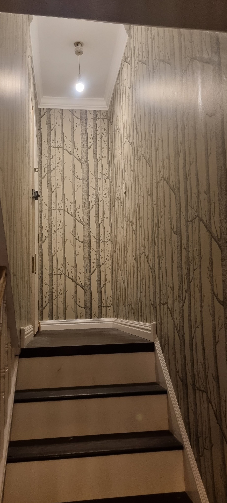 Klatka schodowa z tapetą w motywie drzew, widok od dołu schodów, oświetlenie sufitowe.