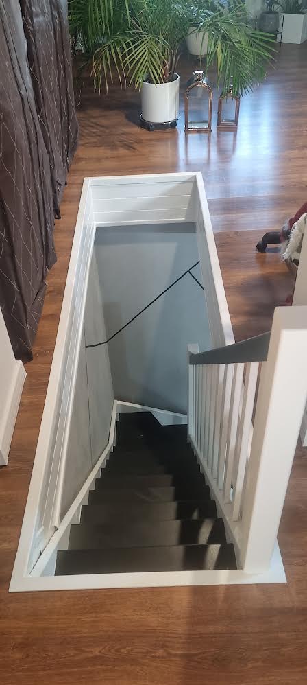 Nowoczesne zejście do piwnicy z drewnianymi schodami pomalowanymi na czarno, białą obudową i szarymi ścianami, widoczne z góry na tle drewnianej podłogi i roślin doniczkowych.