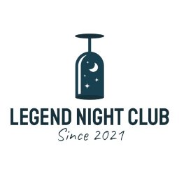 Denys Cherevko NewLabel - Minimalistyczne logo klubu nocnego: kieliszek z księżycem i gwiazdami, napis 'Legend Night Club Since 2021'.