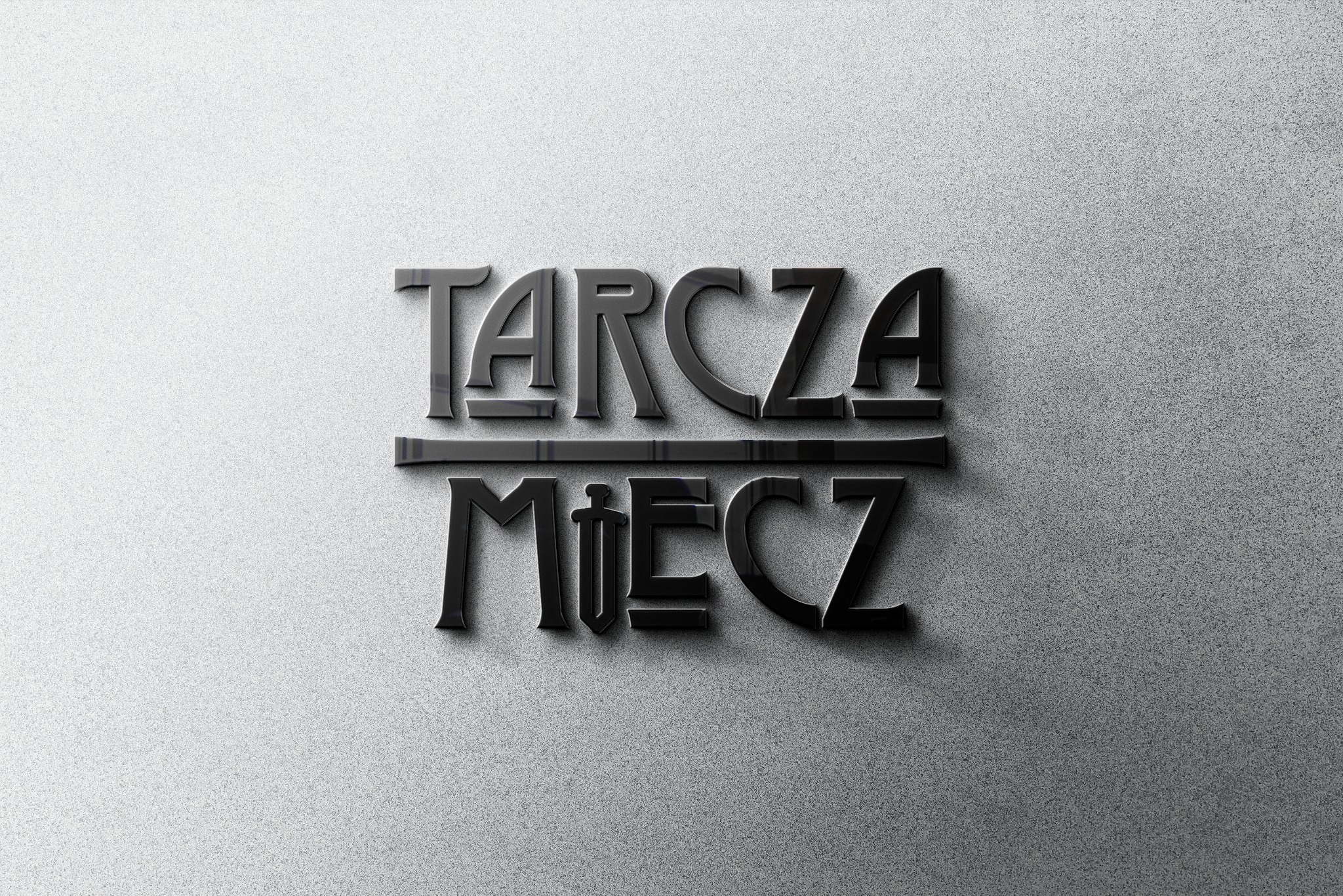 Eleganckie, czarne litery 'Tarcza Miecz' z efektem 3D na teksturowanym, srebrnym tle, tworzące minimalistyczne logo.