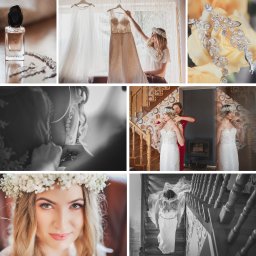 Magiczne Kadry - Fotografia Marzena Czura - Kolaż zdjęć z przygotowań do ślubu: suknia wisząca na wieszaku, panna młoda w kwiatowym wianku, zbliżenie biżuterii, wpinanie guzików w sukni, pomoc druhny i zejście po schodach.
