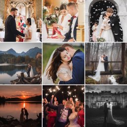 Magiczne Kadry - Fotografia Marzena Czura - Kolaż dziewięciu zdjęć ślubnych przedstawiających pary w różnych sceneriach: ceremonia w kościele, wymiana obrączek, pocałunek w deszczu konfetti, nad jeziorem z górami w tle, w objęciach,...