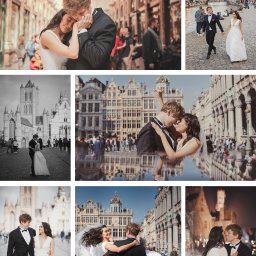 Magiczne Kadry - Fotografia Marzena Czura - Kolaż zdjęć pary młodej w różnych ujęciach i lokalizacjach miejskich, w tym w galerii handlowej, nad rzeką, na tle zabytkowych budynków w dzień i w nocy. Ujęcia obejmują bliskie portrety, pełne...