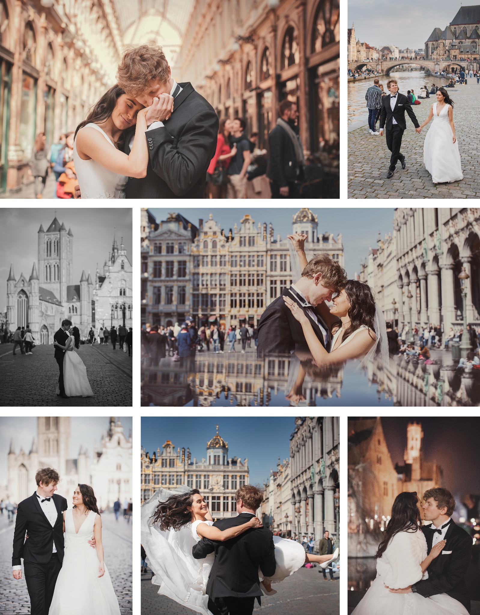 Kolaż zdjęć pary młodej w różnych ujęciach i lokalizacjach miejskich, w tym w galerii handlowej, nad rzeką, na tle zabytkowych budynków w dzień i w nocy. Ujęcia obejmują bliskie portrety, pełne...