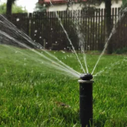 Działający zraszacz rotacyjny nawadnia soczystą, zieloną trawę na tle drewnianego płotu. Woda rozpryskuje się promieniście, tworząc efektowny wzór.