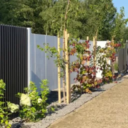 Nowoczesny ogród: kontrastowe panele ogrodzeniowe (czarne, szare, białe), młode drzewka podparte bambusami, rabata z białymi kwiatami i szarym żwirem.