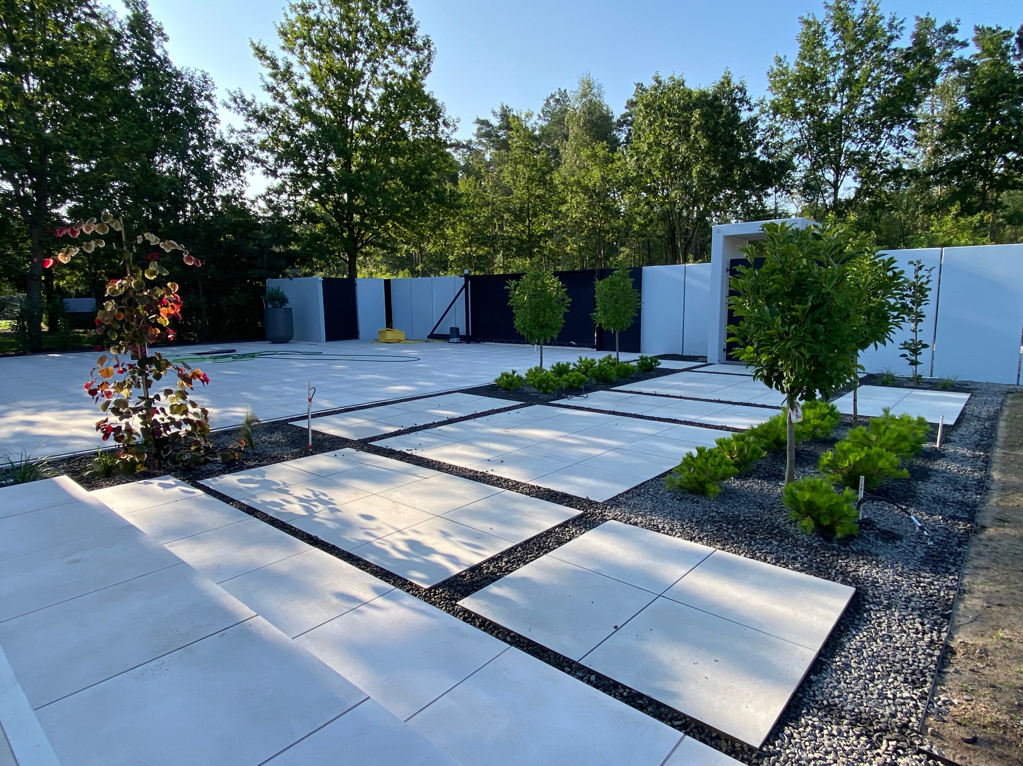 Nowoczesna aranżacja ogrodu z jasnymi płytami chodnikowymi, czarnym grysem i młodymi drzewkami. Minimalistyczny design z wyraźnymi liniami i geometrycznym układem.