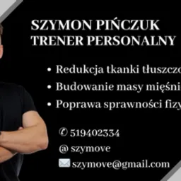 Wizytówka trenera personalnego Szymona Pińczuka z jego zdjęciem, numerem telefonu i adresem email oraz informacjami o redukcji tkanki tłuszczowej, budowaniu masy mięśniowej i poprawie sprawności...