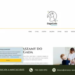 Projekt strony internetowej dla firmy DagaGada Neurologopeda, widoczny fragment strony głównej z logo, menu nawigacyjnym, sekcją o prywatności i kontaktem.