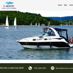 Zrzut ekranu strony internetowej e-Jacht.pl prezentującej czarter jachtów po Solinie i Polańczyku, z widokiem na jacht na tle jeziora i gór.