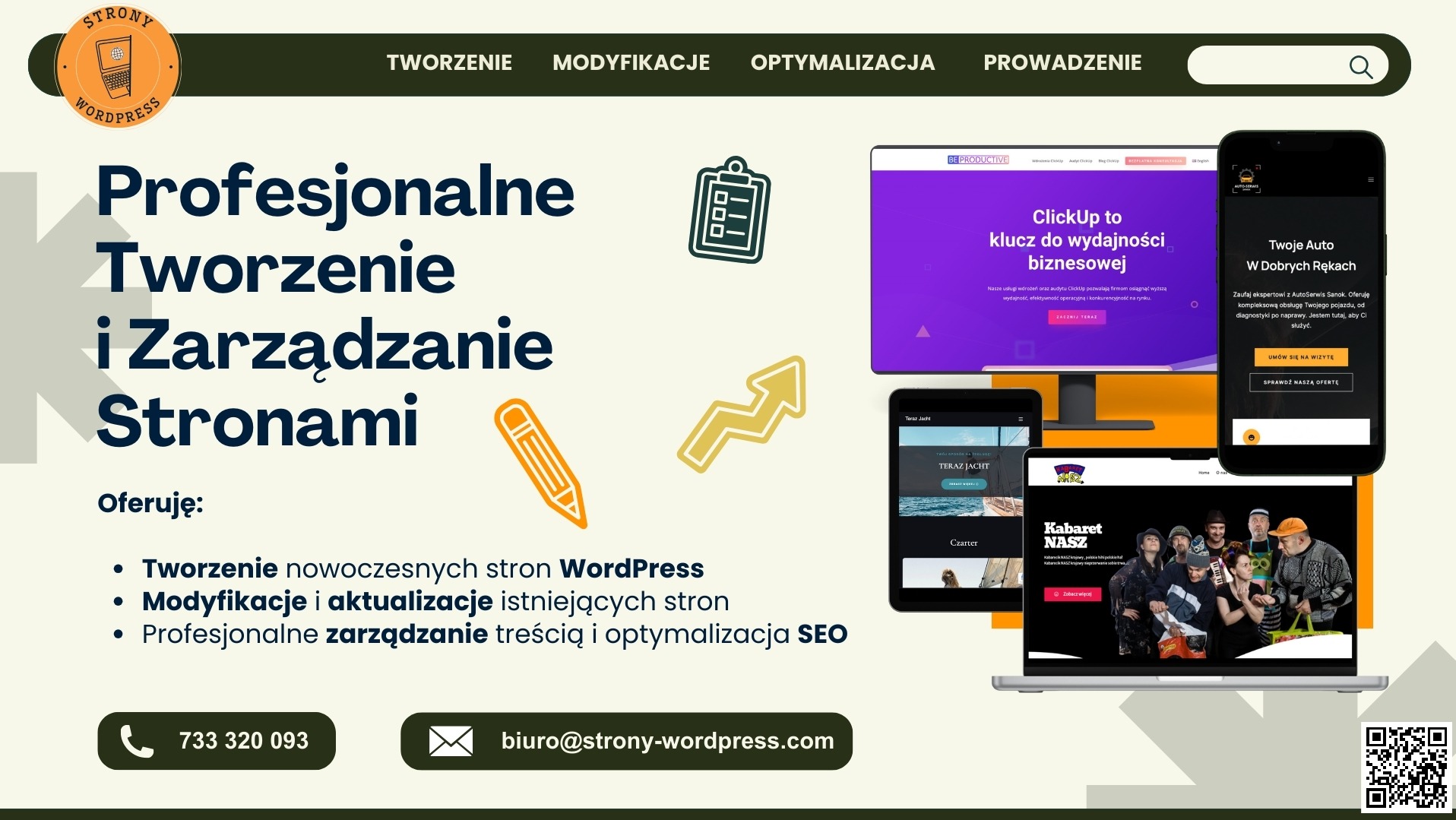 Kompozycja graficzna prezentująca ofertę tworzenia i zarządzania stronami internetowymi WordPress, z przykładami stron wyświetlanych na monitorze, tablecie i smartfonie, podkreślająca...
