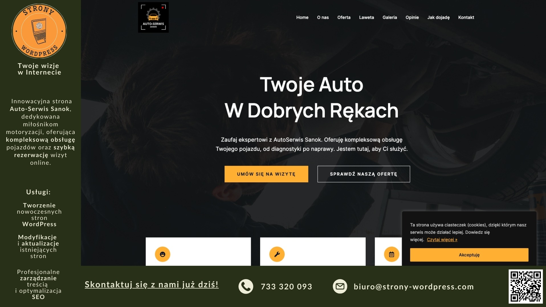 Strona internetowa Auto-Serwis Sanok, dedykowana miłośnikom motoryzacji, z możliwością rezerwacji wizyt online, zbudowana na platformie WordPress, z logo w lewym górnym rogu.