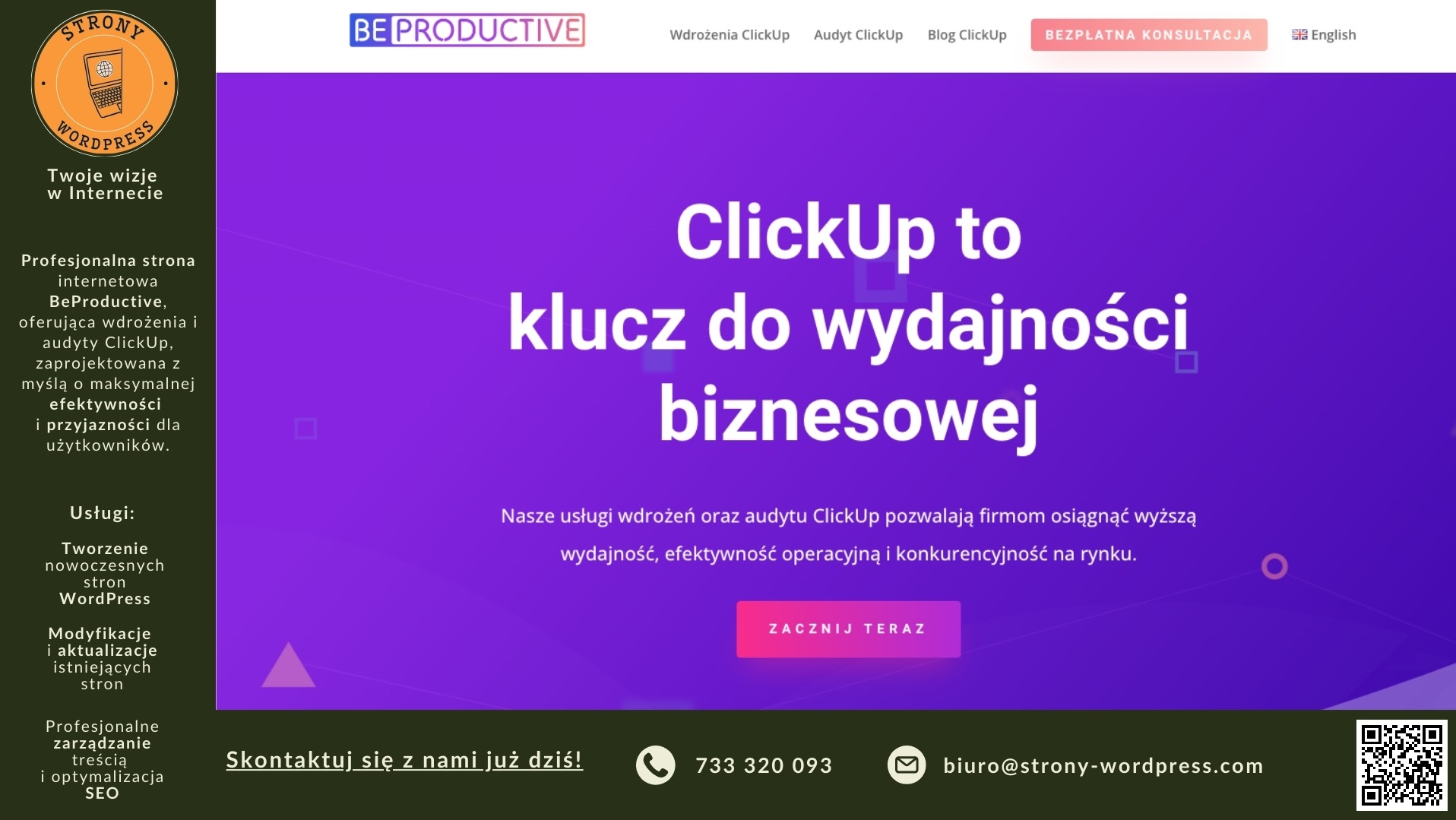 Zrzut ekranu strony internetowej BeProductive, z logo w lewym górnym rogu, fioletowym tłem i hasłem 'ClickUp to klucz do wydajności biznesowej', prezentujący usługi wdrożeń i audytów ClickUp.