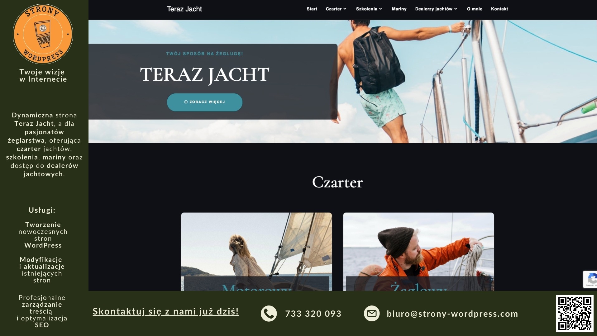 Strona internetowa Teraz Jacht, dedykowana czarterom jachtów i szkoleniom żeglarskim, z nawigacją po mariny i dealerów jachtowych. Widoczny mężczyzna z plecakiem na jachcie, sekcja 'Czarter' i dane...