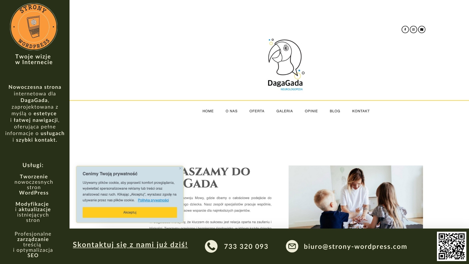 Projekt strony internetowej dla firmy DagaGada Neurologopeda, widoczny fragment strony głównej z logo, menu nawigacyjnym, sekcją o prywatności i kontaktem.