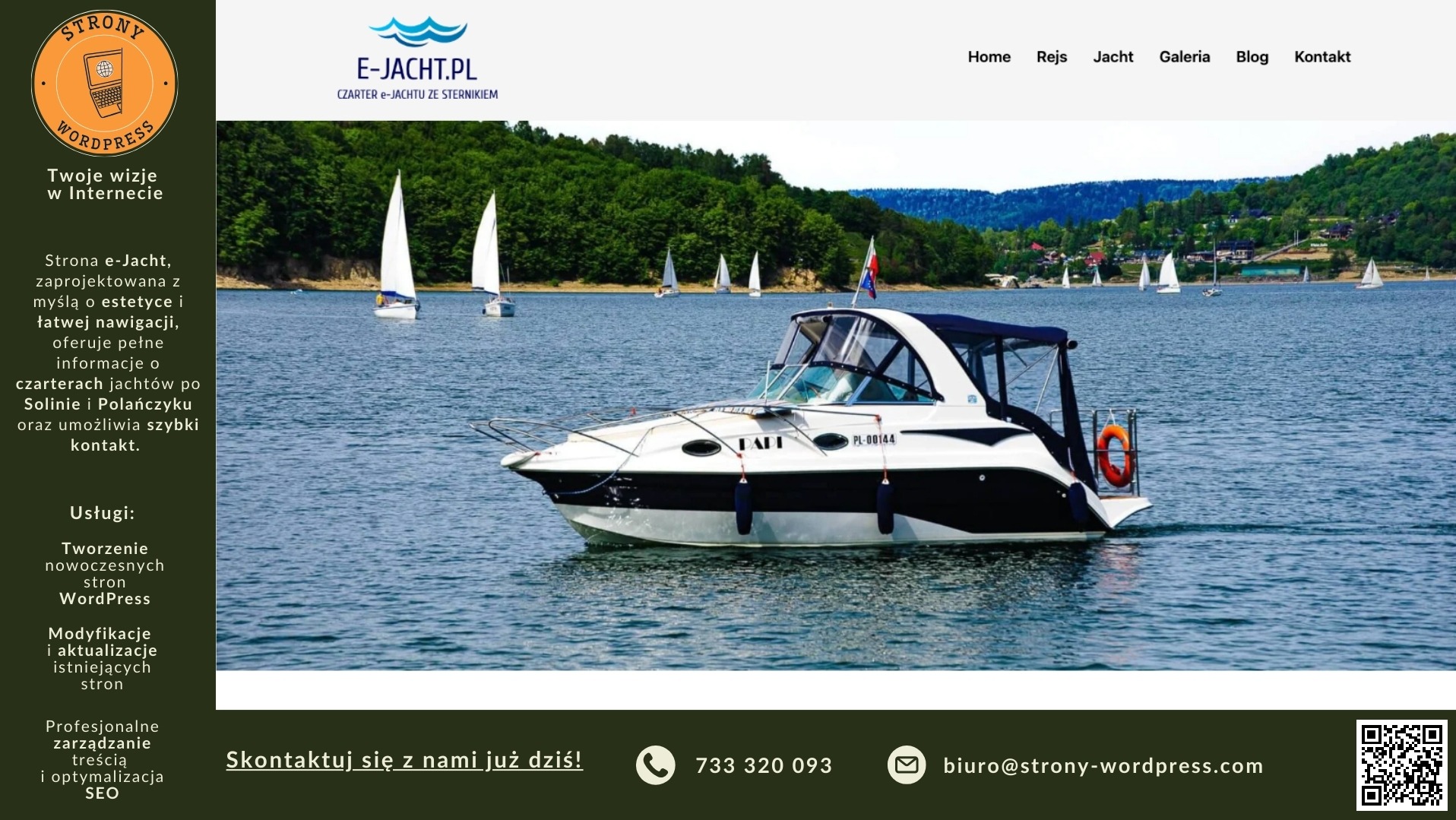 Zrzut ekranu strony internetowej e-Jacht.pl prezentującej czarter jachtów po Solinie i Polańczyku, z widokiem na jacht na tle jeziora i gór.