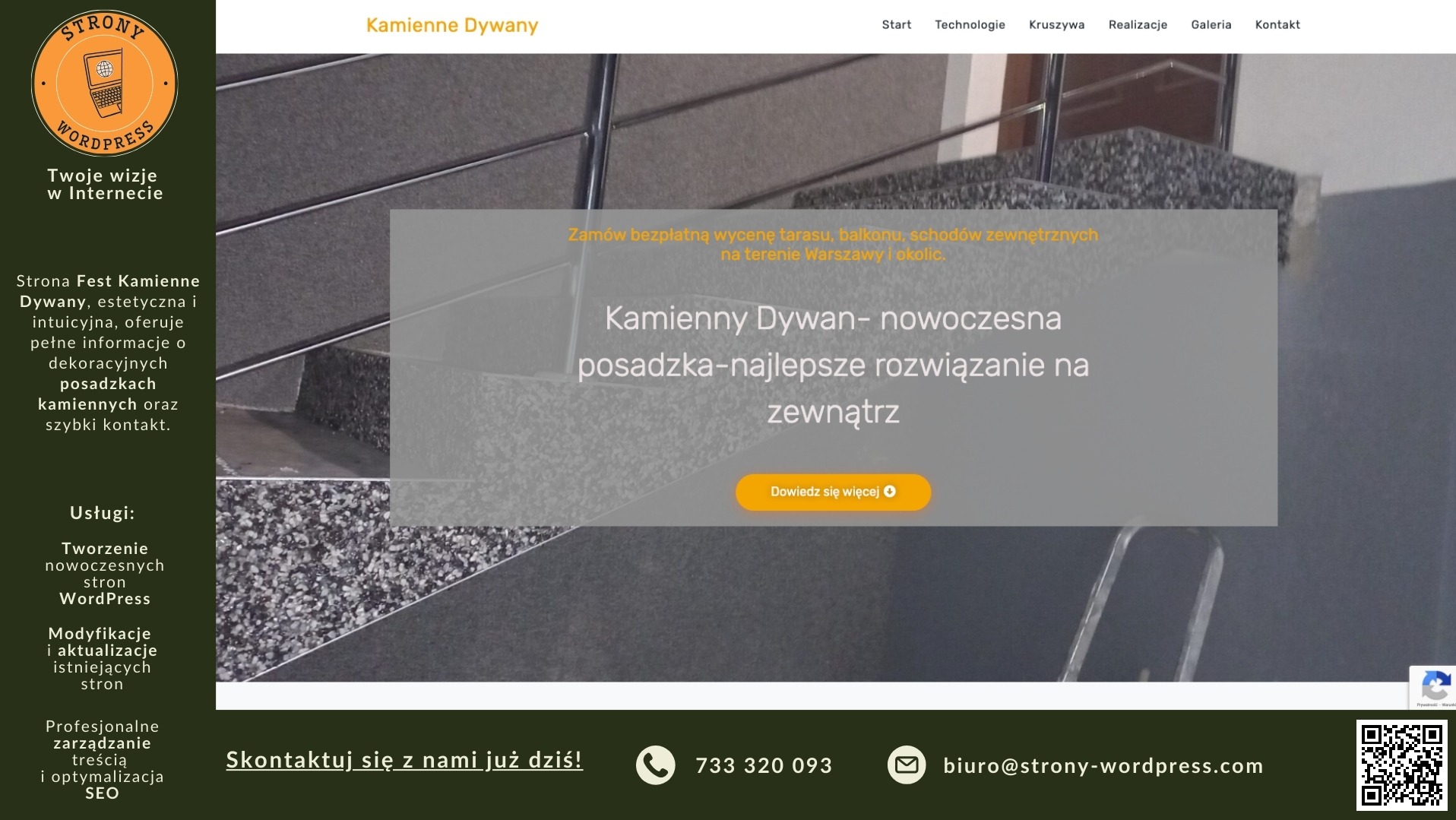 Zrzut ekranu strony internetowej firmy Fest Kamienne Dywany, prezentującej dekoracyjne posadzki kamienne na tarasie, balkonie i schodach zewnętrznych. Widoczne menu nawigacyjne, logo WordPress...