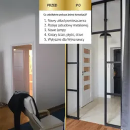 Porównanie stanu przed i po aranżacji wnętrza: po lewej puste pomieszczenie z otwartymi drzwiami, po prawej zabudowa metalowa z drzwiami w stylu loftowym, nowa lampa i wykończenie.