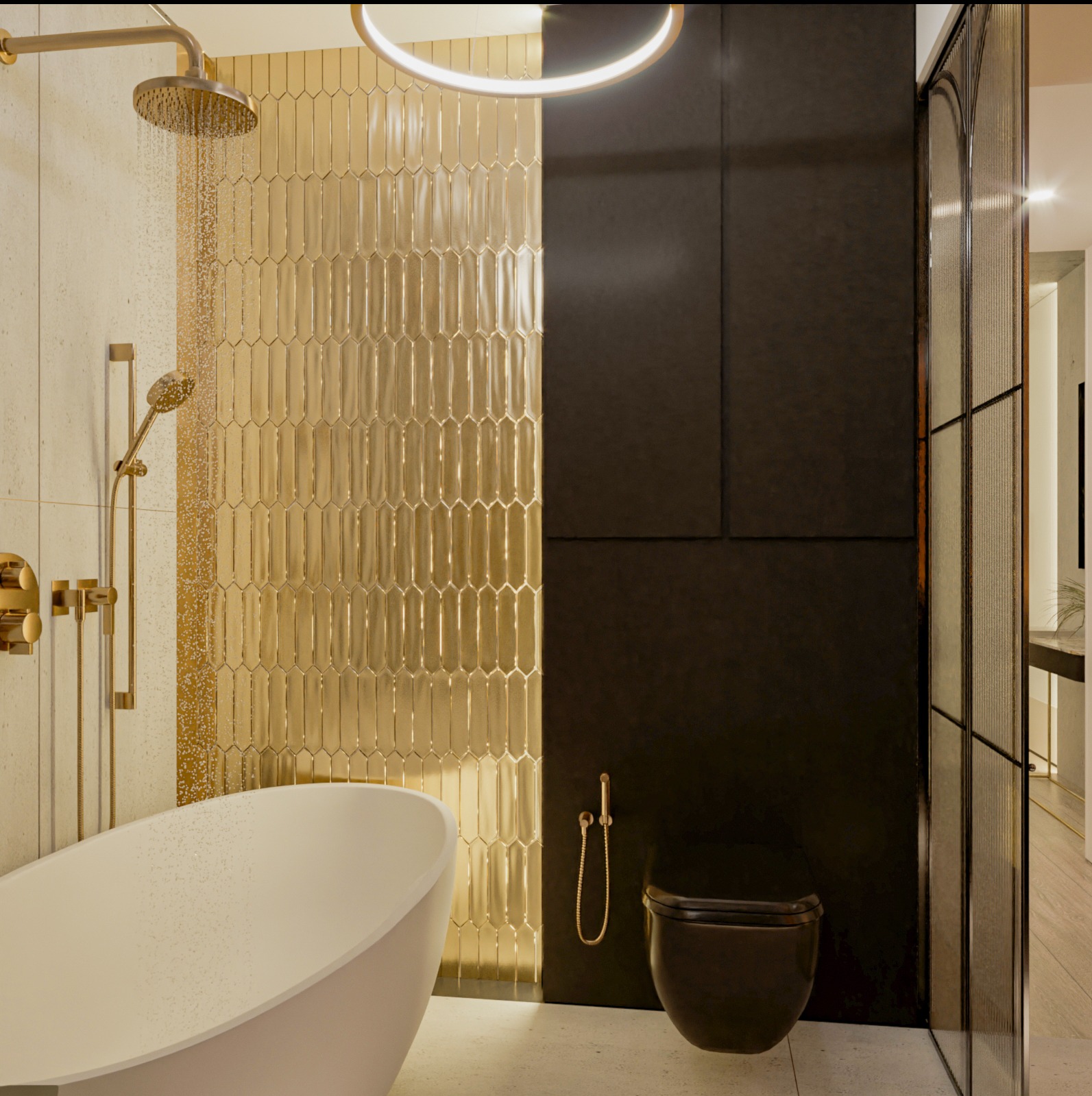 Elegancka łazienka z wanną wolnostojącą, złotymi płytkami w kształcie łezki na ścianie, czarną toaletą wiszącą i oświetleniem LED w kształcie okręgu.