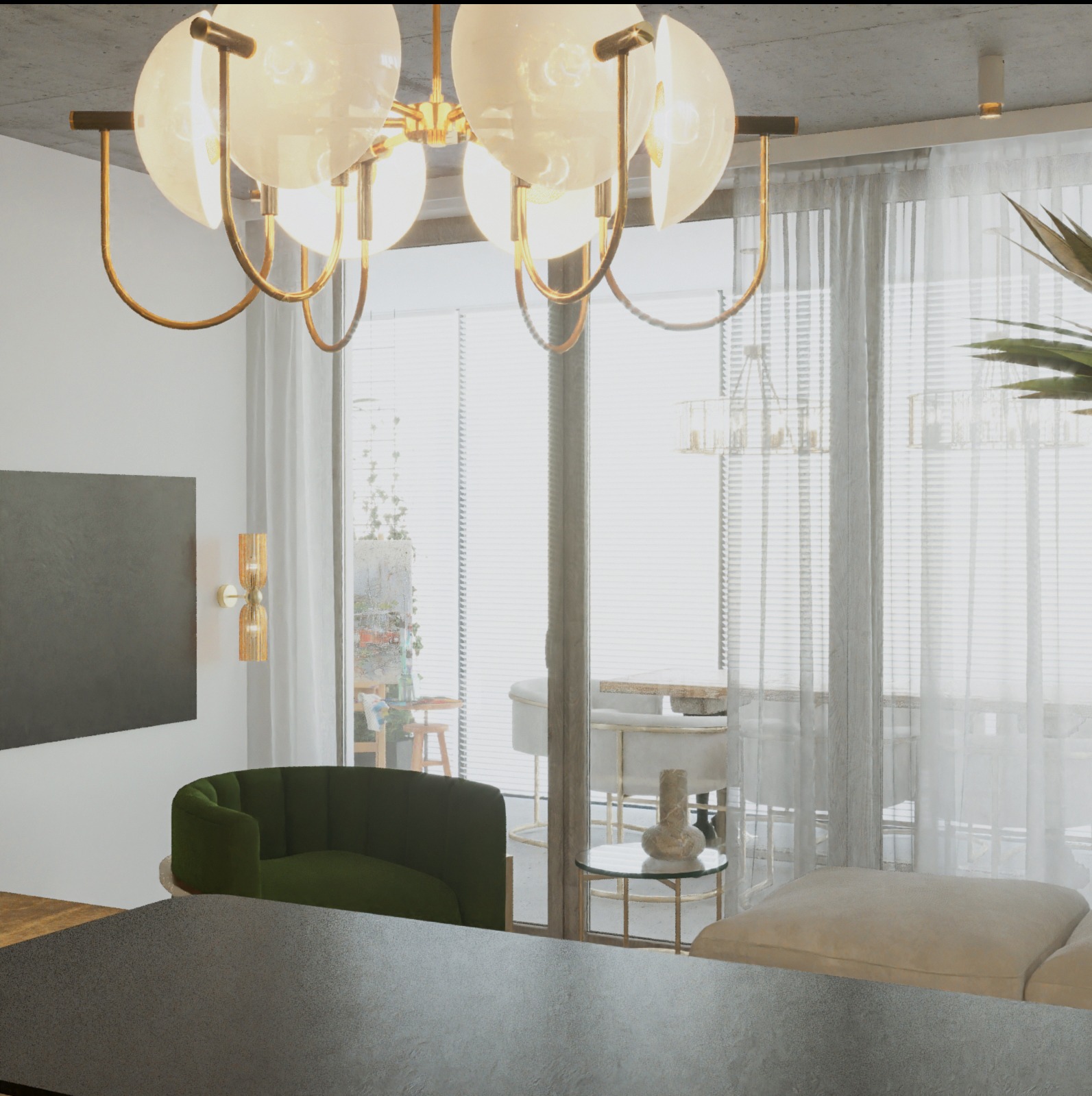 Nowoczesny salon z zielonym fotelem, złotym żyrandolem i dużymi oknami z widokiem na taras, minimalistyczny wystrój.