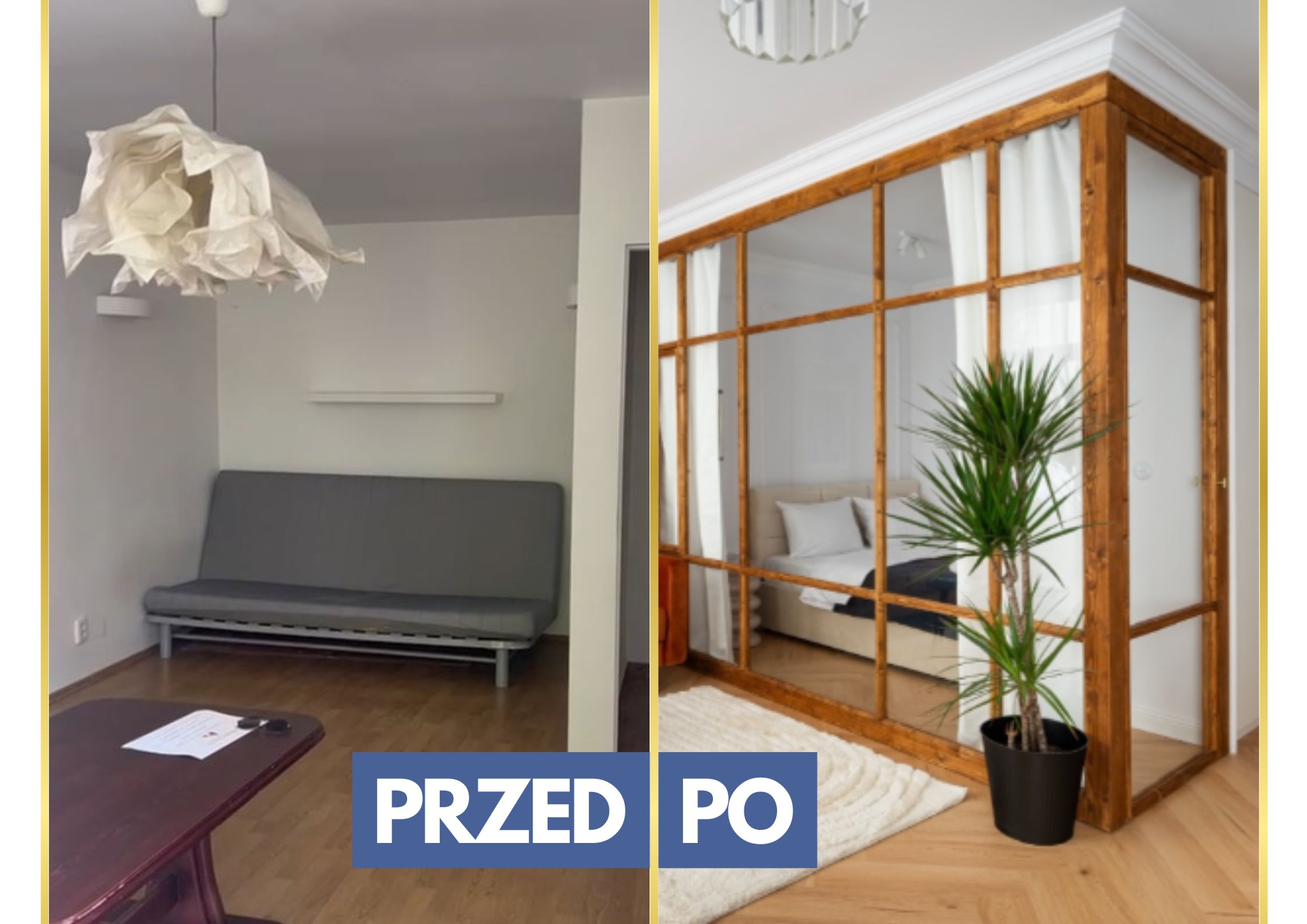 Porównanie aranżacji pokoju: przed - szara kanapa i papierowy abażur, po - drewniana ścianka działowa z szybami, roślina doniczkowa i dywanik.
