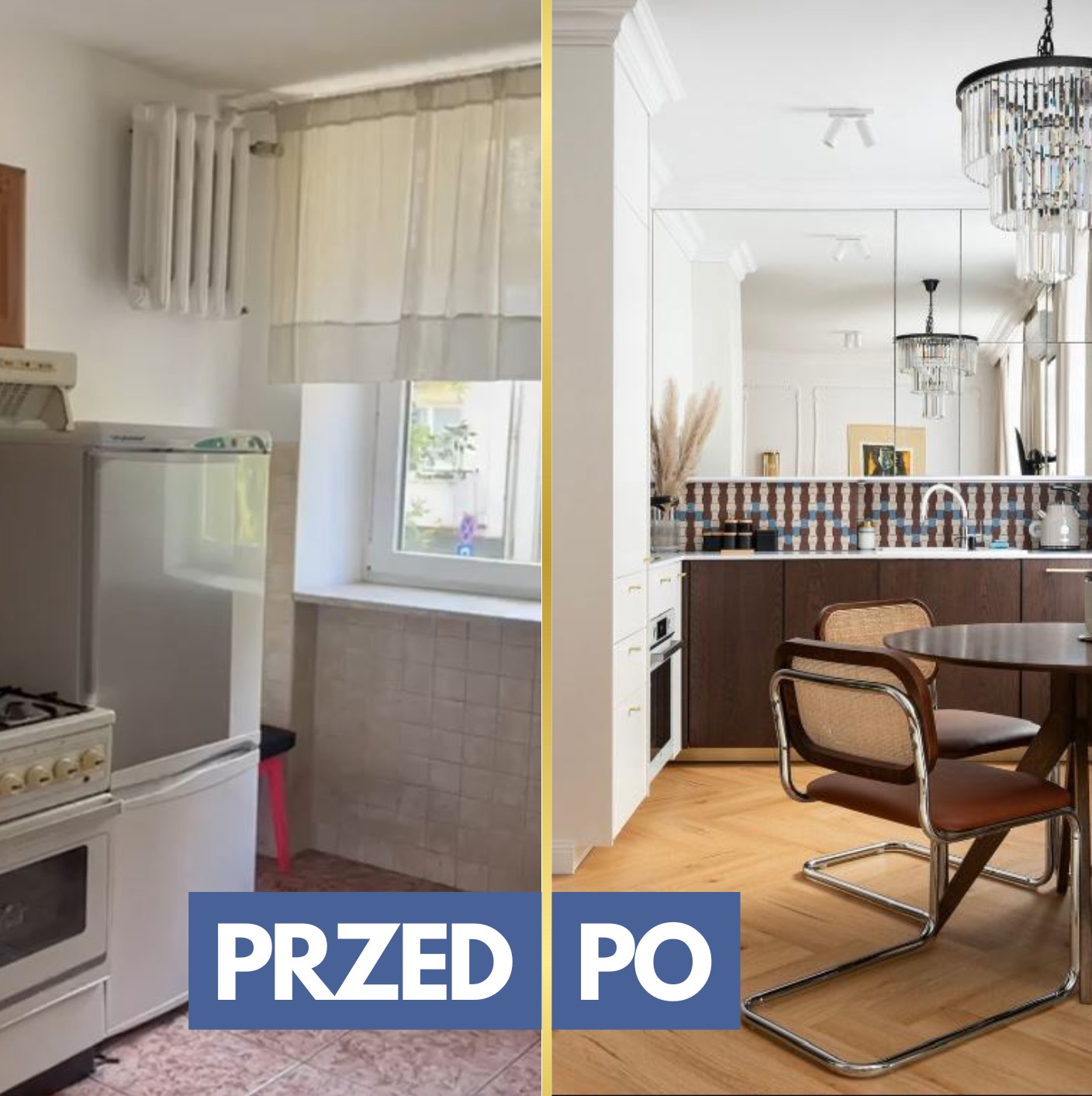 Porównanie kuchni przed i po remoncie: po lewej stara kuchnia z białą lodówką i kuchenką, po prawej nowoczesna kuchnia z drewnianymi szafkami, lustrzanym panelem i kryształowym żyrandolem...