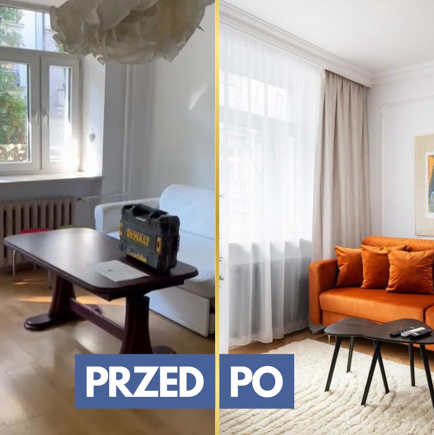Porównanie przed i po aranżacji salonu w Warszawie: po lewej stronie widok z narzędziami i surowym wykończeniem, po prawej elegancka przestrzeń z pomarańczową sofą i dywanem.