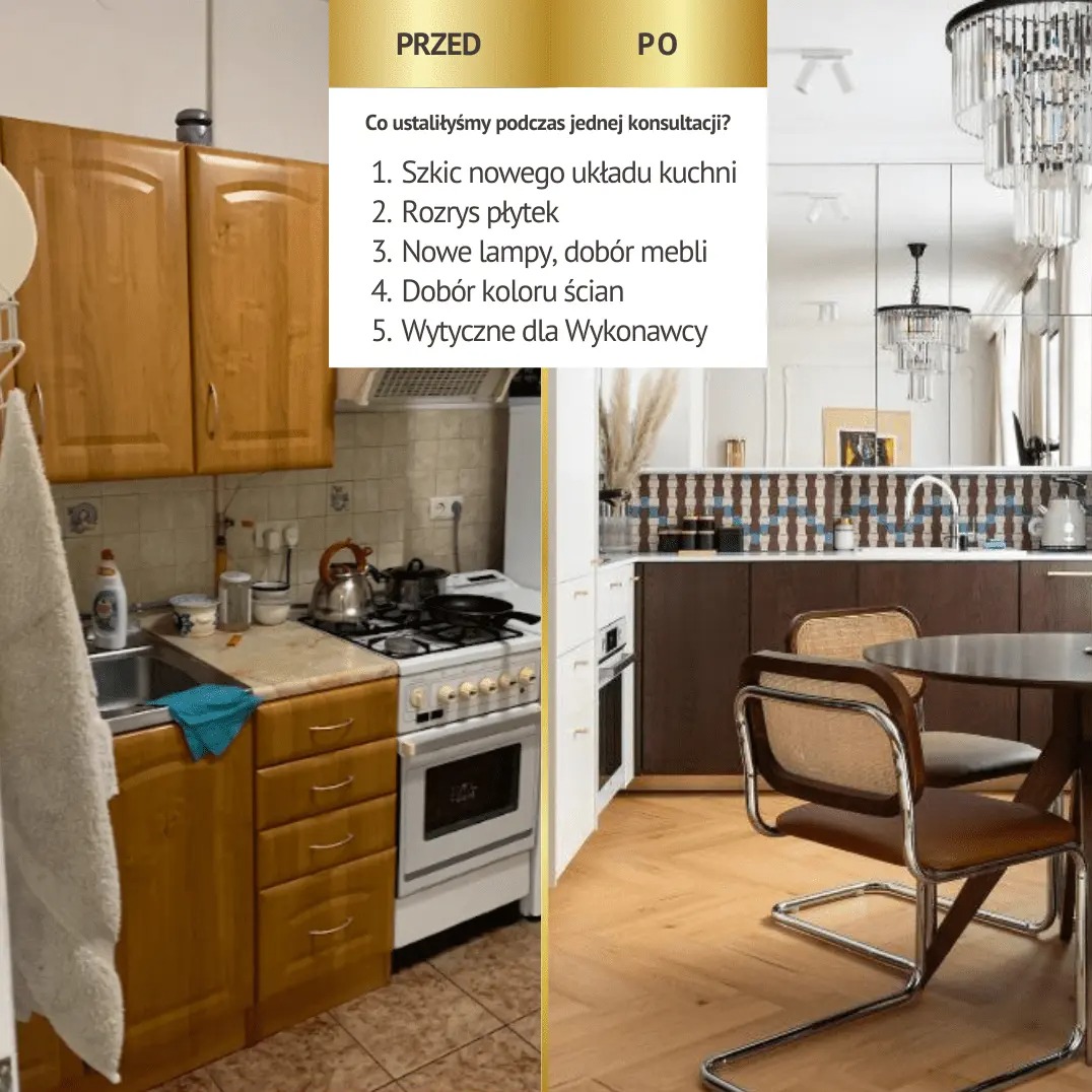 Porównanie kuchni przed i po: od staromodnych, drewnianych szafek i ceramicznej podłogi do nowoczesnej aranżacji z ciemnymi frontami, wzorzystymi płytkami nad blatem i parkietem w jodełkę,...