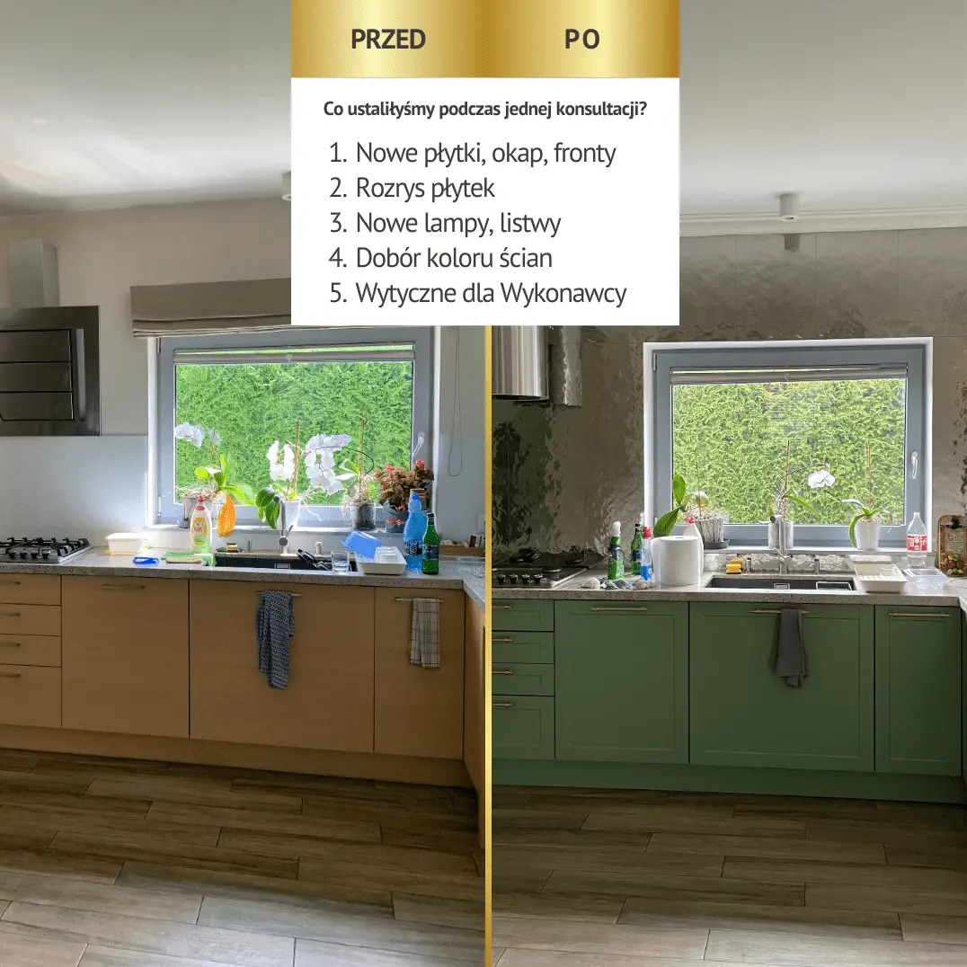Kuchnia przed i po renowacji: stare, beżowe szafki kontra nowe, zielone fronty; zmienione płytki na ścianie, nowe oświetlenie; widok z okna na zieleń.