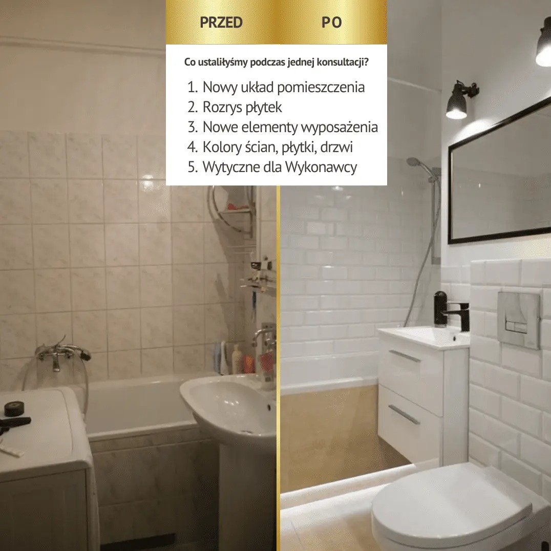 Porównanie łazienki przed i po renowacji: po lewej stronie widok starej łazienki z beżowymi płytkami, pralką i umywalką na postumencie, po prawej odnowiona łazienka z białymi płytkami typu metro...