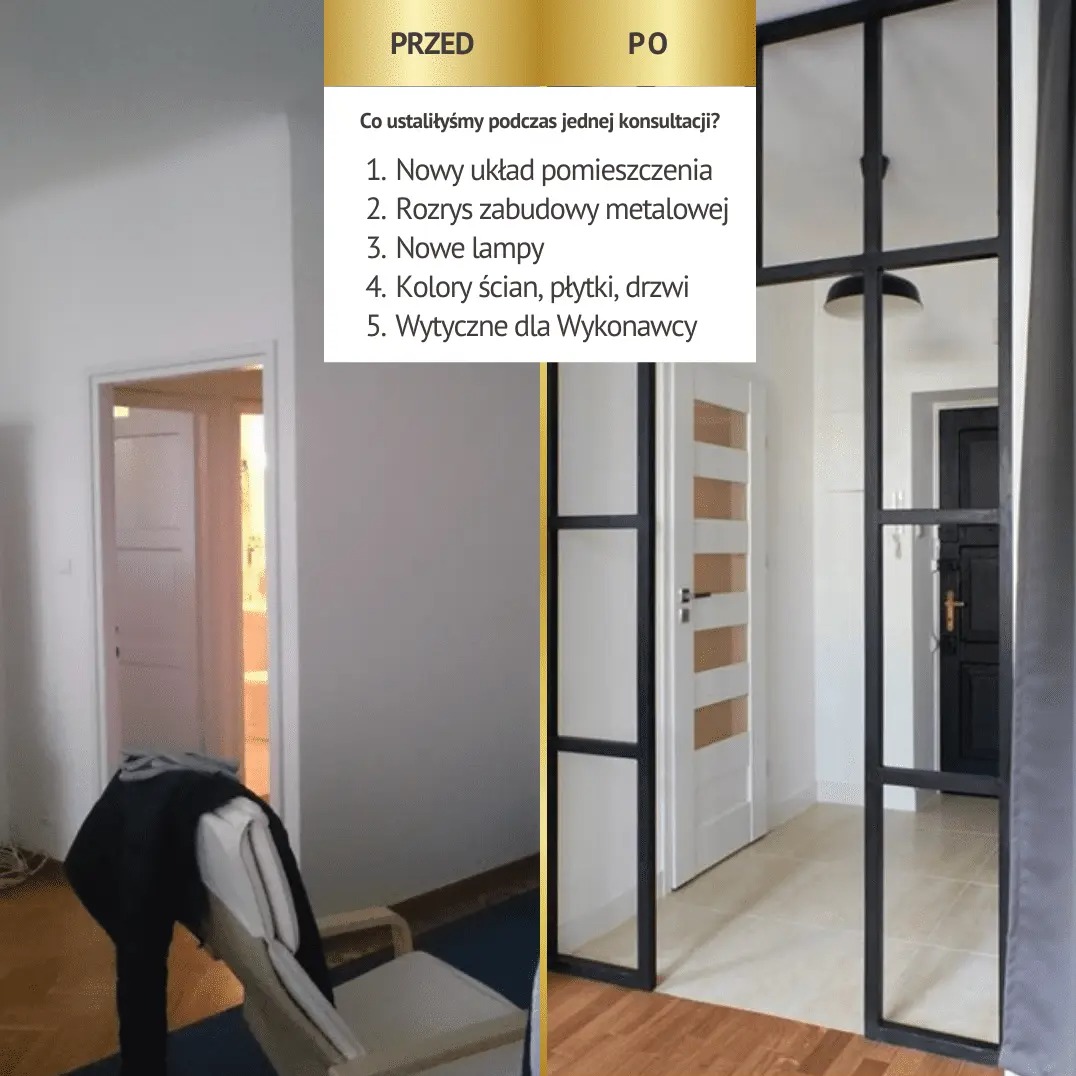 Porównanie stanu przed i po aranżacji wnętrza: po lewej puste pomieszczenie z otwartymi drzwiami, po prawej zabudowa metalowa z drzwiami w stylu loftowym, nowa lampa i wykończenie.