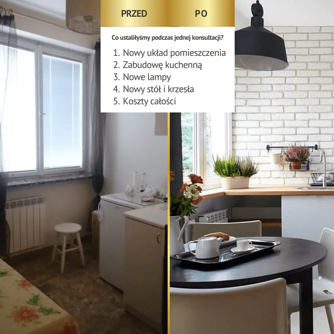 Porównanie kuchni przed i po: po lewej stronie stara kuchnia z ciemnymi meblami i małym oknem, po prawej odnowiona kuchnia z białą cegłą, drewnianym blatem, okrągłym stołem i czarną lampą.