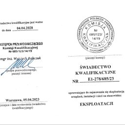 D&K Electrics - Skan świadectwa kwalifikacyjnego uprawniającego do zajmowania się eksploatacją urządzeń, instalacji i sieci, wydanego w Warszawie 05.04.2023, ważne do 04.04.2028, z podpisem i pieczęcią zastępcy...