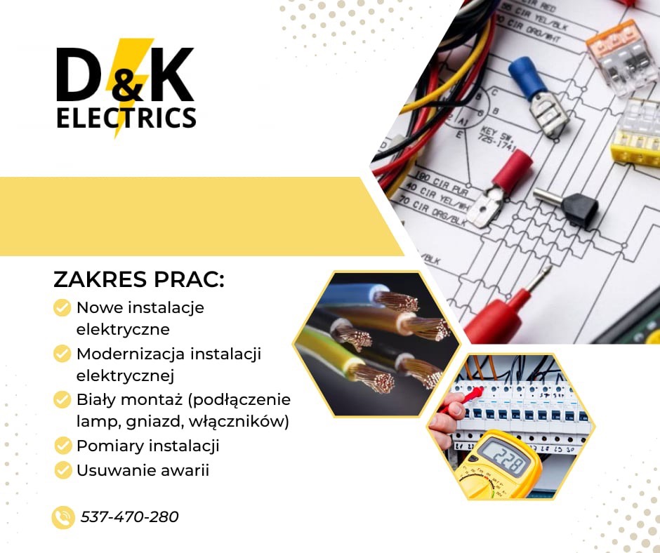 Grafika reklamowa firmy D&K Electrics przedstawiająca zakres usług: nowe instalacje, modernizacja, biały montaż, pomiary, usuwanie awarii. Na grafice schemat elektryczny, przewody, złączki...