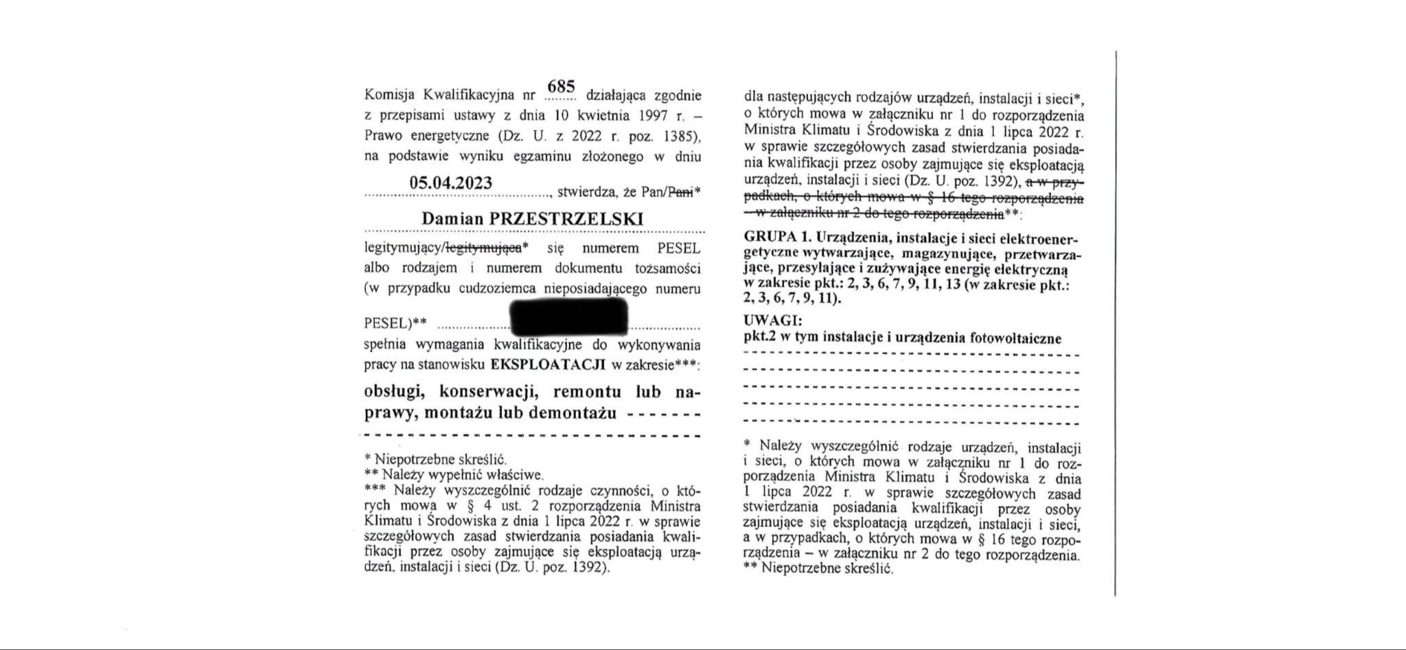 Skan dokumentu potwierdzającego kwalifikacje w zakresie eksploatacji urządzeń, instalacji i sieci elektroenergetycznych, w tym instalacji fotowoltaicznych, wystawiony na Damiana Przestrzelskiego.