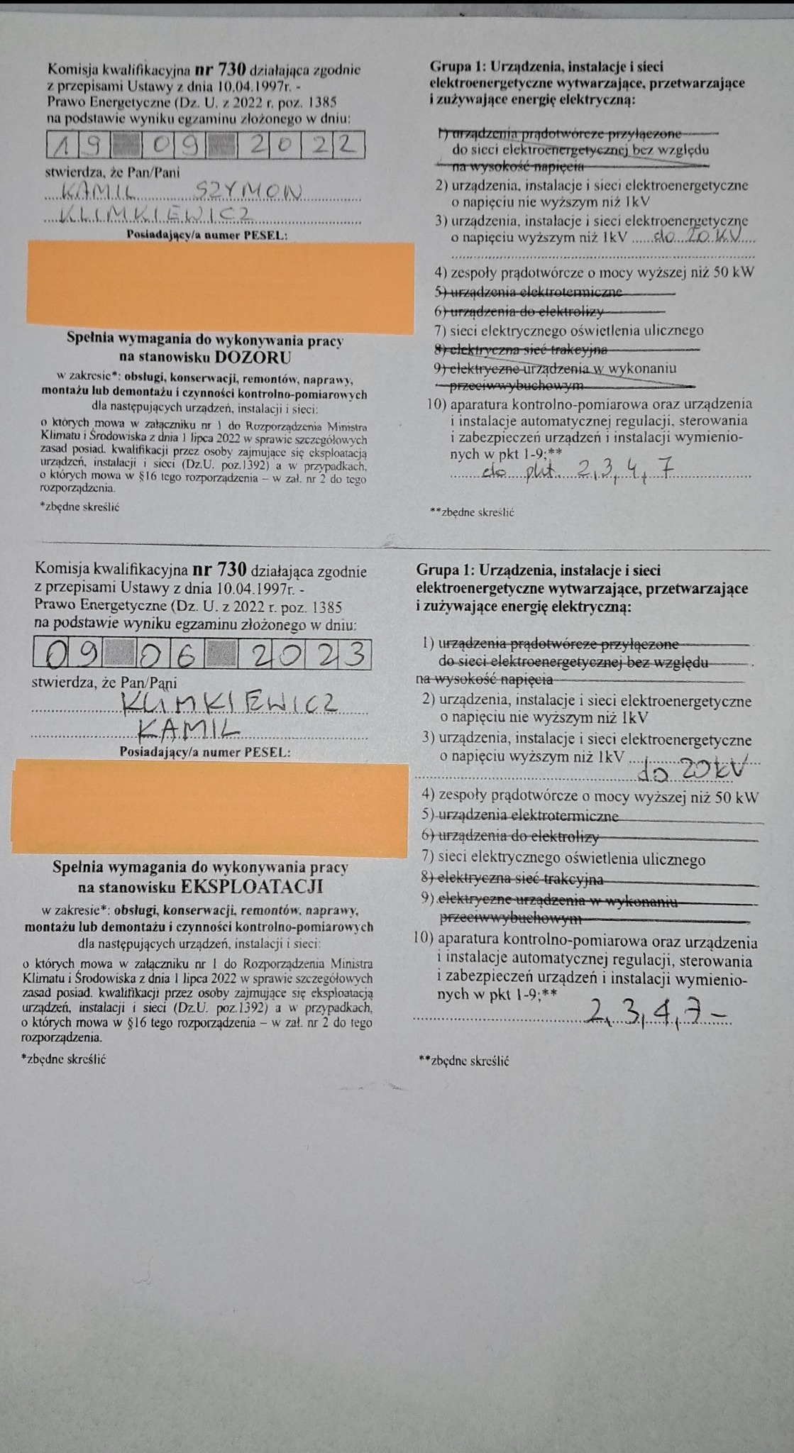 Skan dokumentu potwierdzającego kwalifikacje elektryczne do wykonywania pracy na stanowiskach dozoru i eksploatacji urządzeń, instalacji i sieci elektroenergetycznych wytwarzających...