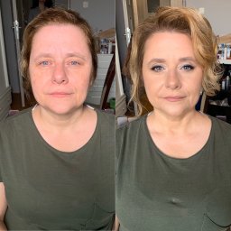 GLAMDIVA DOROTA PILIP - Zdjęcie typu 'przed i po' przedstawiające przemianę kobiety dzięki zastosowaniu technik upiększających; po lewej stronie twarz bez makijażu, po prawej delikatny makijaż z podkreślonym okiem...