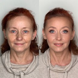 GLAMDIVA DOROTA PILIP - Portret kobiety przed i po delikatnym makijażu, ukazujący różnicę w wyglądzie skóry, podkreślone oczy i usta.