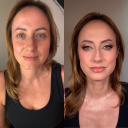 GLAMDIVA DOROTA PILIP - Zdjęcie typu 'przed i po' prezentujące metamorfozę kobiety, ukazujące naturalny wygląd po lewej stronie i profesjonalny wizaż z błyszczącym cieniem do powiek i podkreślonymi ustami po prawej.