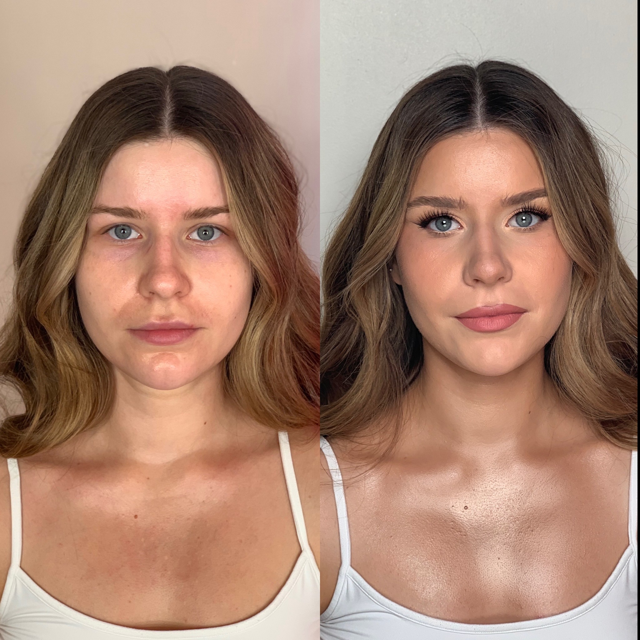 Kobieta przed i po delikatnym makijażu, widoczne różnice w konturowaniu twarzy, podkreśleniu oczu i ust, skóra po prawej stronie bardziej rozświetlona.