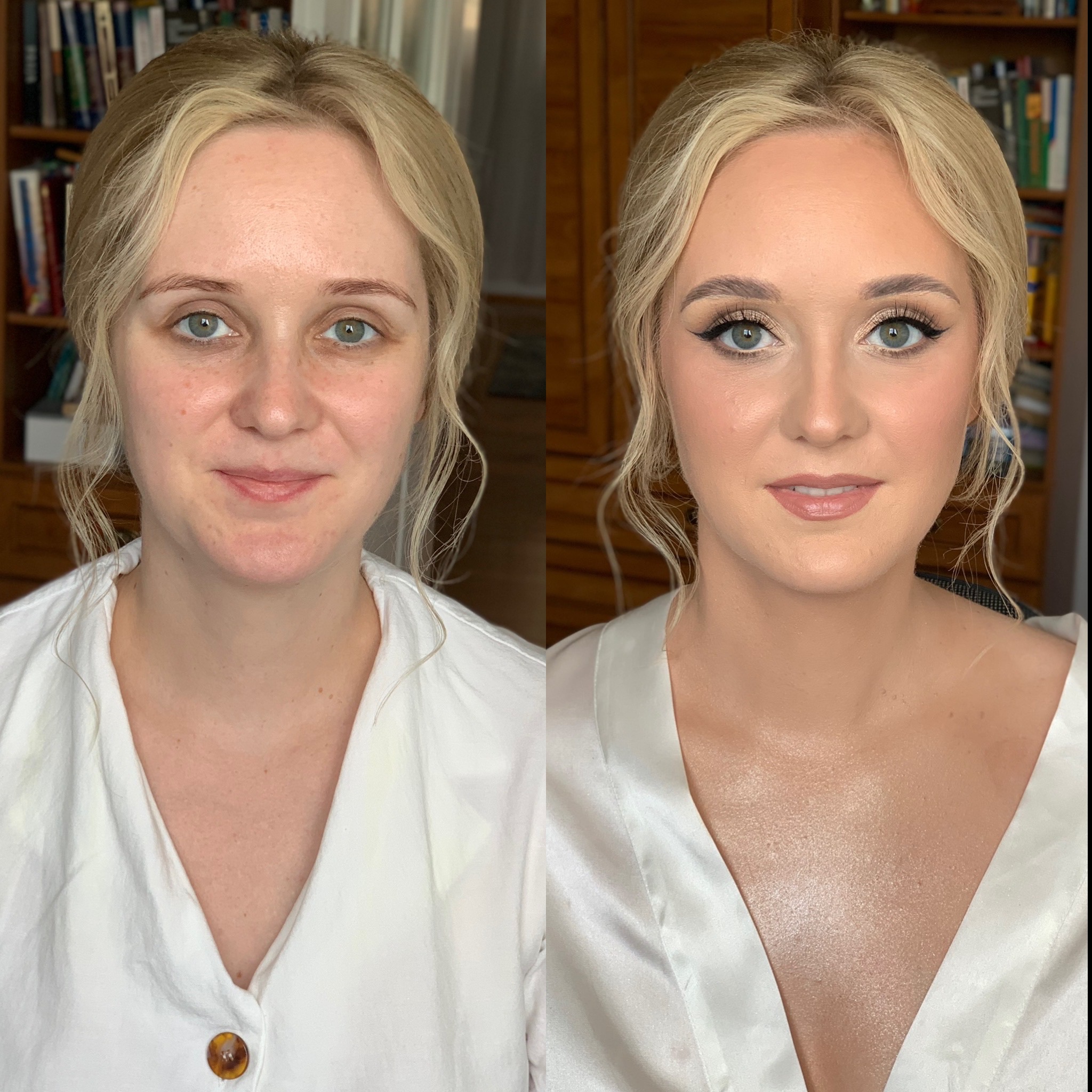 Kobieta przed i po wykonaniu delikatnego, naturalnego makijażu. Widoczna różnica w konturowaniu twarzy, podkreśleniu oczu i ust.