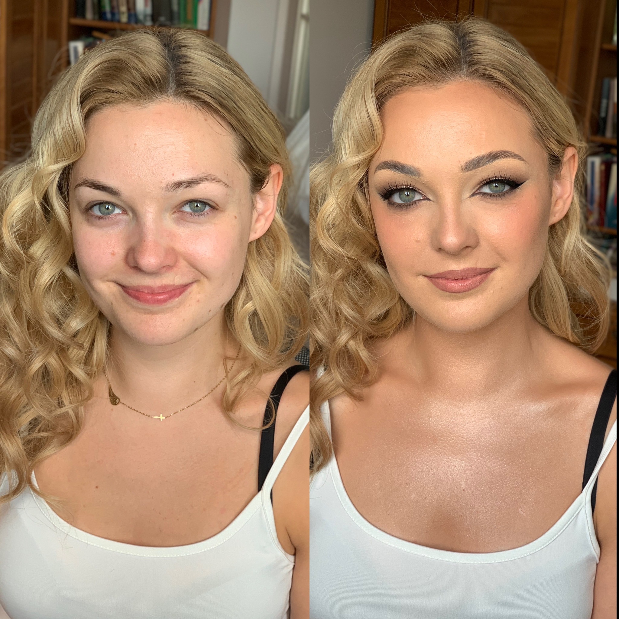 Portret kobiety przed i po aplikacji makijażu, widoczne różnice w konturowaniu twarzy, podkreśleniu oczu eyelinerem i pomadką w odcieniu nude.