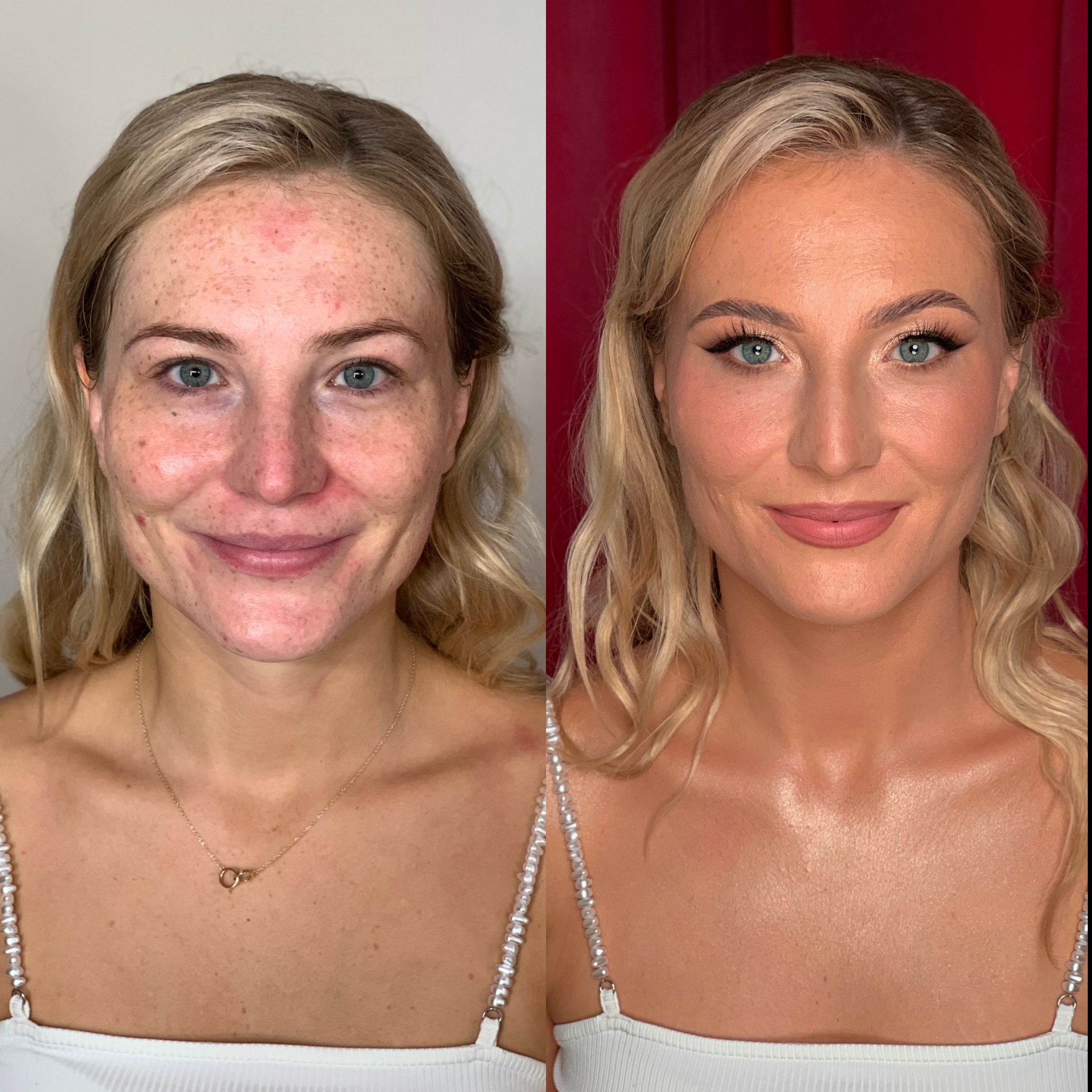Zdjęcie typu 'przed i po' prezentujące efekt wykonanego profesjonalnego makijażu na twarzy kobiety z blond włosami, widoczne wyraźne zmiany w wyglądzie cery i podkreśleniu rysów twarzy.