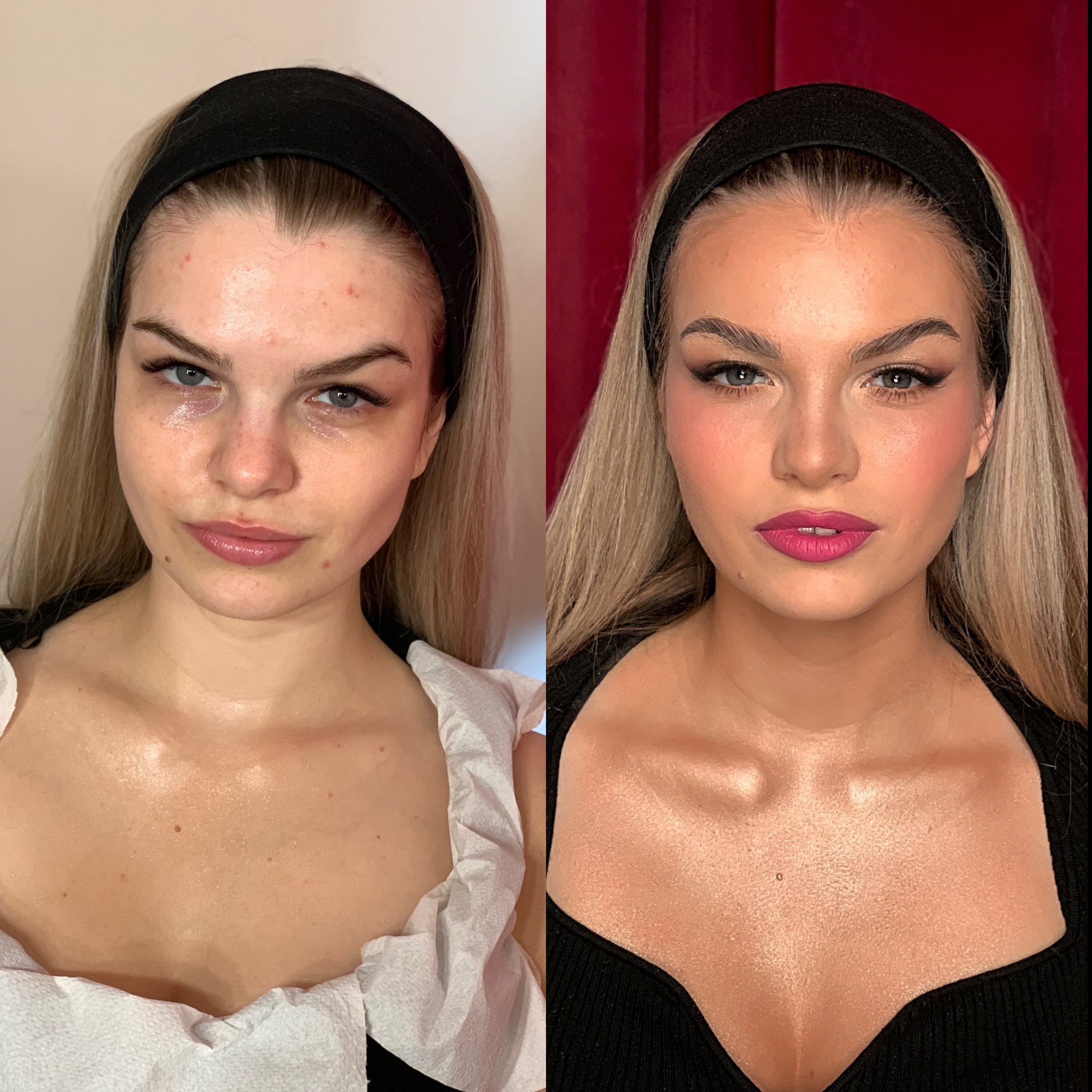 Portret kobiety przed i po makijażu: po lewej cera bez makijażu z niedoskonałościami, po prawej pełny makijaż z różowymi ustami, podkreślonymi oczami i rozświetloną cerą.