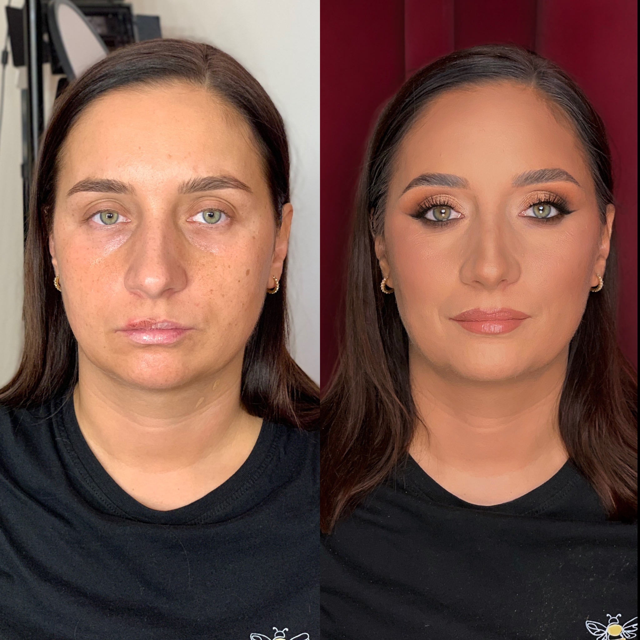 Portret kobiety przed i po wykonaniu profesjonalnego makijażu, widoczne różnice w konturowaniu twarzy, podkreśleniu oczu i ust.