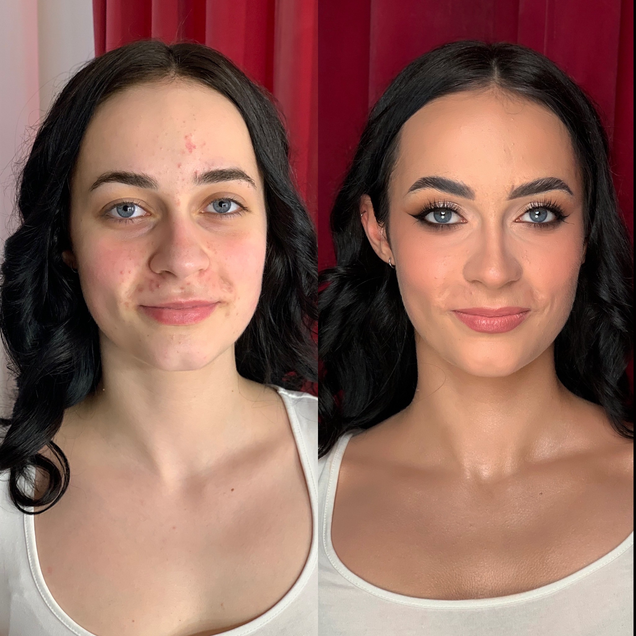 Zdjęcie typu 'przed i po' prezentujące efekty upiększania twarzy, po lewej stronie twarz bez makijażu, po prawej z delikatnym makijażem, podkreślone oczy eyelinerem i sztucznymi rzęsami, brwi...