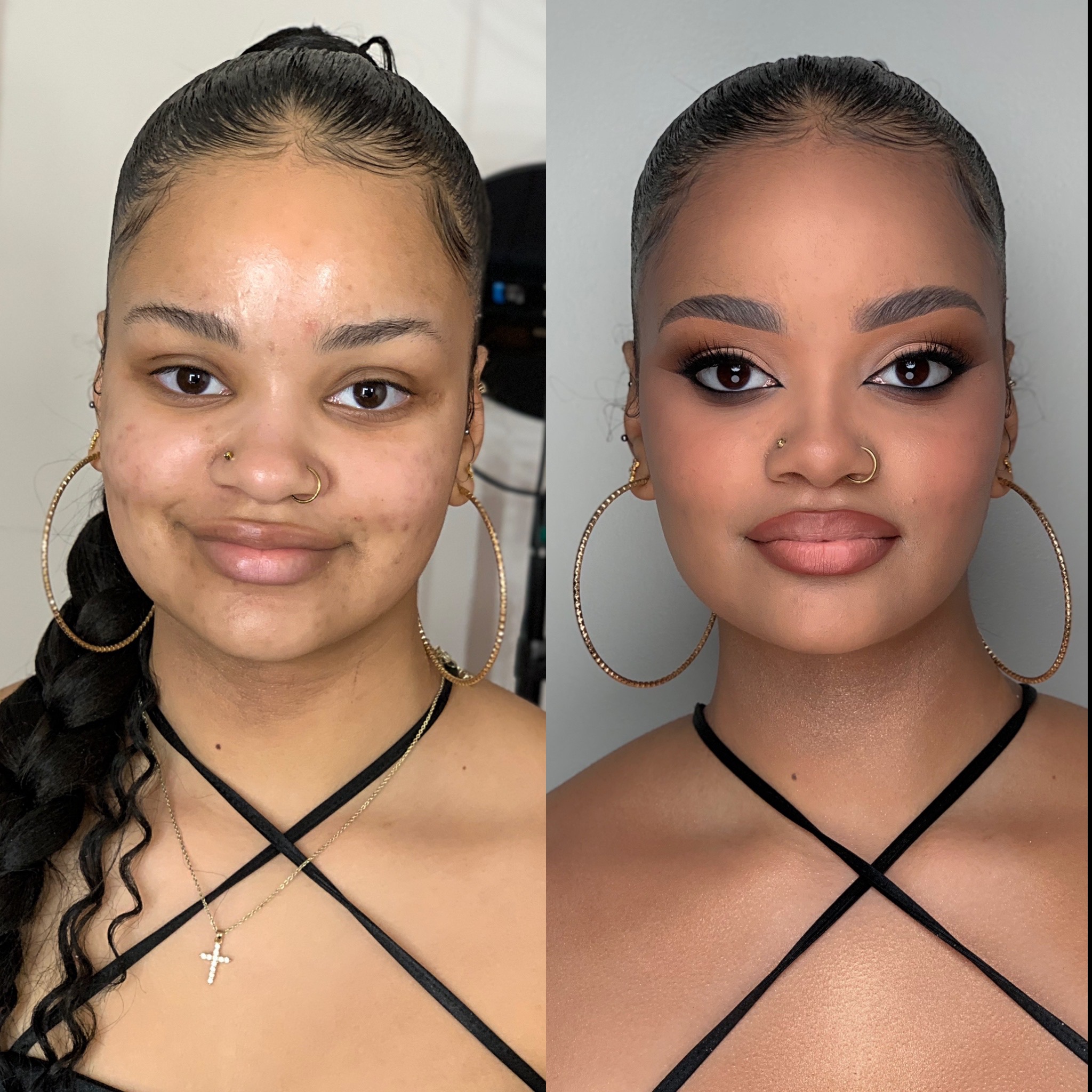 Portret kobiety przed i po nałożeniu makijażu, ukazujący różnicę w wyglądzie skóry, konturowaniu twarzy i podkreśleniu oczu, z widocznymi kolczykami kołami i delikatną biżuterią na szyi.