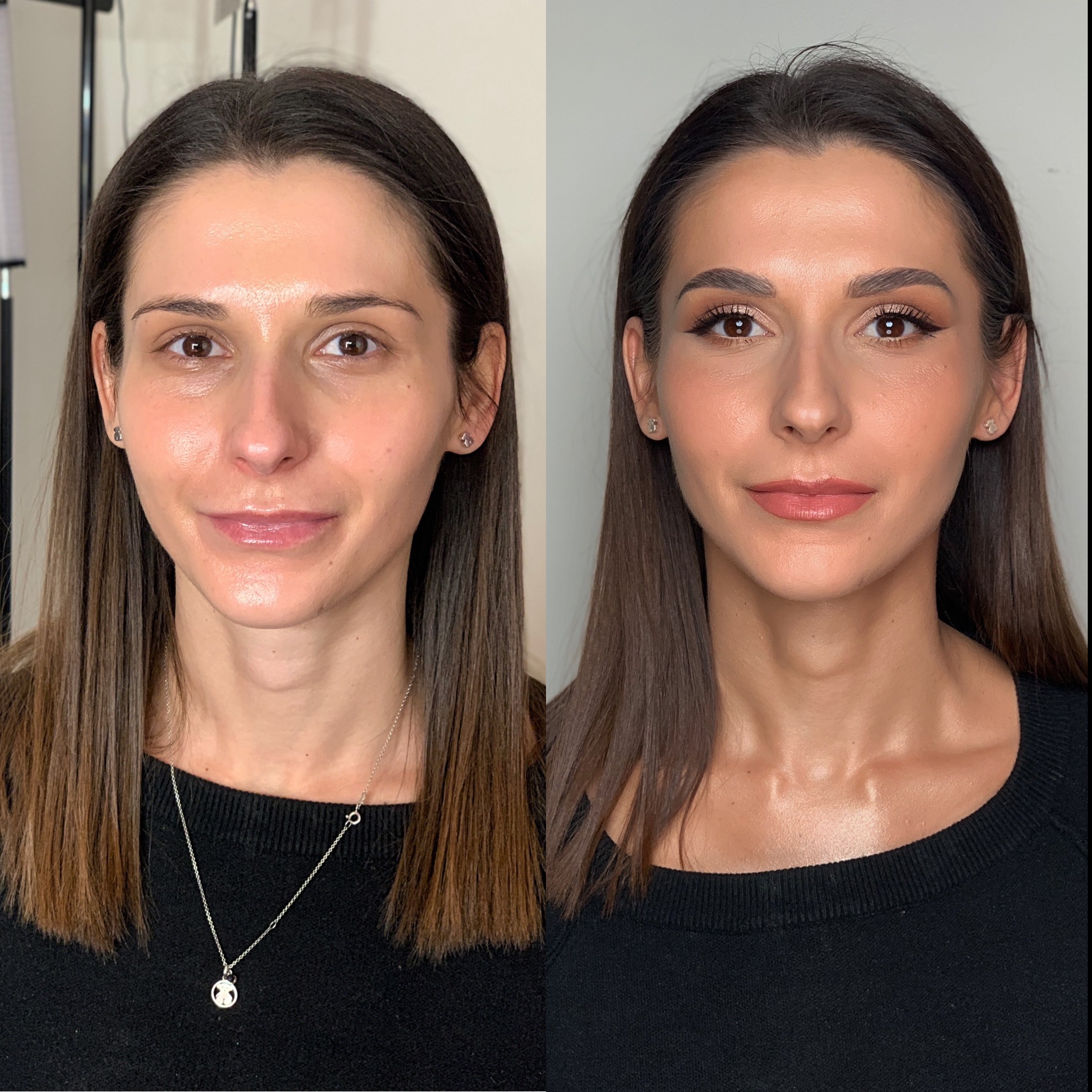 Zdjęcie przedstawia porównanie twarzy kobiety przed i po wykonaniu usługi kosmetycznej w Krakowie. Po lewej stronie widoczna jest twarz bez makijażu, a po prawej - z delikatnym, profesjonalnym...